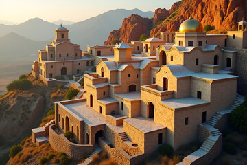Ancient Stone Monastery on Rugged Hillside with Golden Dome and Terraced Pathways at Sunrise