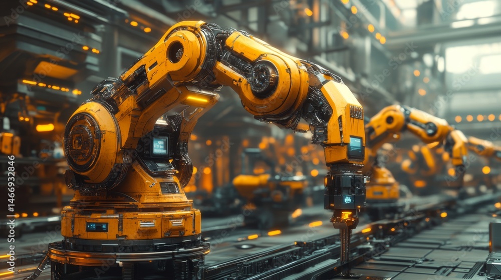 Poster High-tech robotic arms are engaged in a complex manufacturing process within a spacious industrial factory. Automation and engineering work together to streamline production.