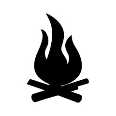 Stylized black and white illustration of a campfire with burning flames.