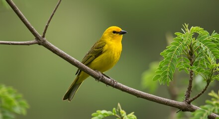 Obraz premium Yellow Bird on Branch - A vibrant yellow bird perches on a slender tree branch, surrounded by lush green foliage