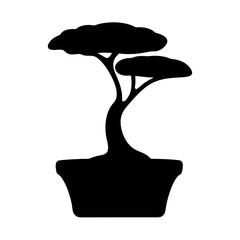 Black and white silhouette of a bonsai tree in a pot
