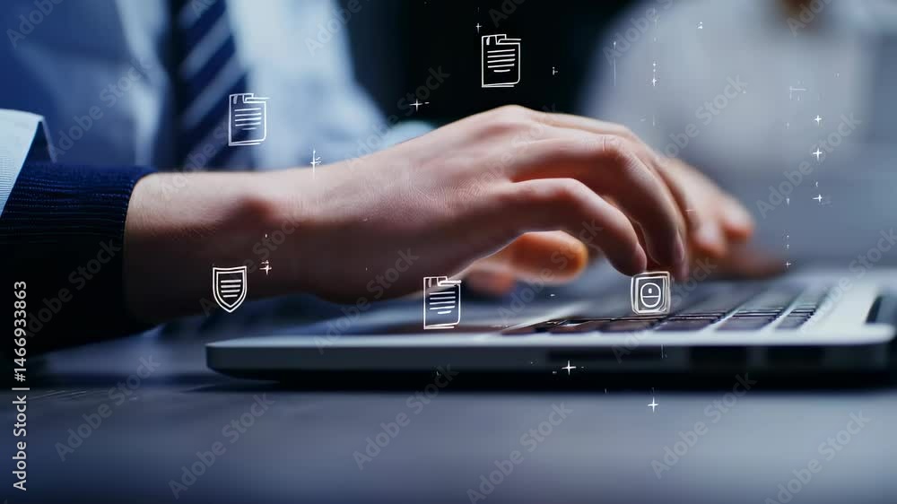Poster hands typing on laptop keyboard. document icons float above the keys. computer screen in background.