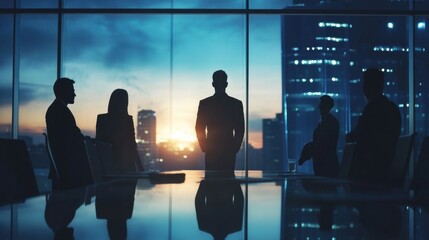 Corporate vision: Executives gazing at the cityscape during a twilight meeting