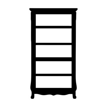 recommend clip art: Black silhouette of an ornate bookcase with five empty shelves, antique style
