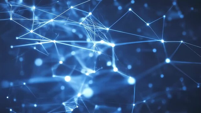 Blue network dots connected by lines. Futuristic technology structure. Abstract geometric pattern. Blurred connection digital system background. Glow nodes and lines.