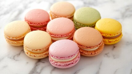 Obraz premium A close-up of colorful macarons in pastel shades of pink, yellow, and green, arranged in a neat row on a marble background, showcasing their delicate texture.