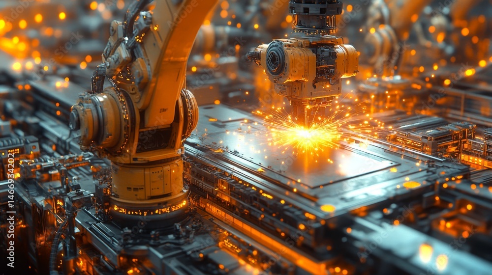 Poster Robotic arms expertly conduct welding operations in a high-tech manufacturing facility, showcasing the integration of automation and artificial intelligence to boost productivity.