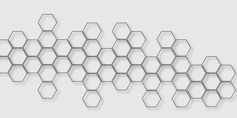 Abstract 3d hexagon grey and white out line technology style honeycomb seamless pattern background. Abstract background with hexagon, modern abstract vector polygonal pattern.