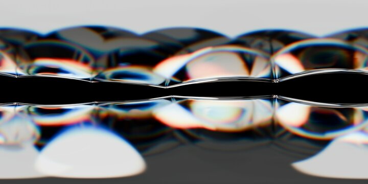 A row of smooth, abstract glass forms reflects colorful HDRI lighting, creating a wave-like pattern across a dark central divide. The image blends symmetry, light dispersion, and minimalism.
