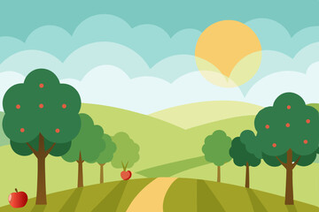 Obraz premium morning haze over a tranquil countryside orchard 