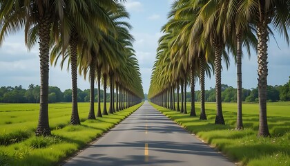 Fototapeta premium Road Lined with Palm Trees Leading to Horizon in Tropical Landscape