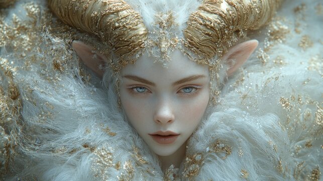 A captivating elfin figure adorned with golden horns, framed by shimmering textures and a magical winter atmosphere
