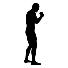 Silhouette of a boxer in fighting stance against a white background ready