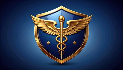 Caduceus Emblem on Shield with Wings and Stars