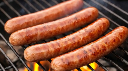 A close-up of sizzling sausages cooking on a barbecue grill, with flames and smoke rising, showcasing the texture and color of the grilled meat.