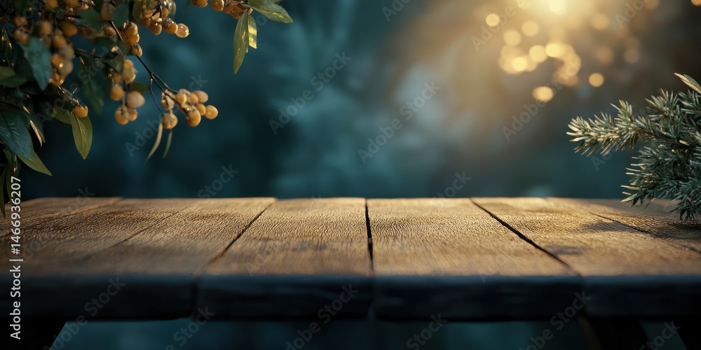 Poster Rustic Wooden Table with Berries and Bokeh Lights in Dark Green Background For Product Display and Seasonal Decoration Christmas Holiday Concept With Empty Space