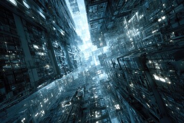 Obraz premium Futuristic city, looking up. Complex architecture, illuminated