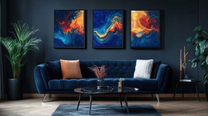 Abstract art triptych above sofa in modern living room