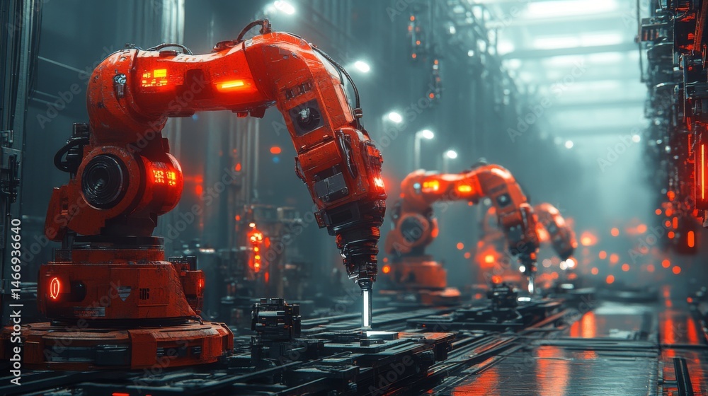 Poster Robotic arms equipped with advanced technology are actively engaged in manufacturing processes within a high-tech factory, optimizing production time and quality.