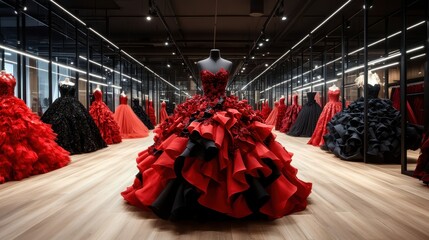 A beautifully crafted red dress with layers of ruffles is elegantly displayed in a modern fashion showroom, showcasing sophisticated style and artistic design elements.
