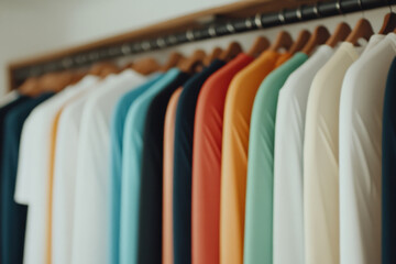 Obraz premium Colorful t shirts hanging on wooden hangers in fashion retail store