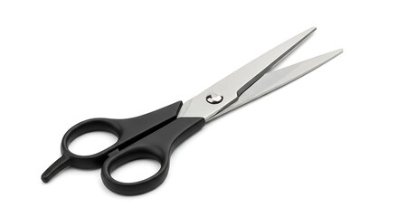 Fototapeta premium Pair of scissors with black plastic handles and stainless steel blades, used for cutting various materials. Studio shot on white background.