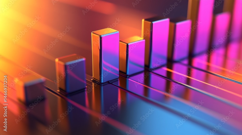 Poster a close-up view of a d bar graph, featuring shiny metallic bars with reflections, set against a grad
