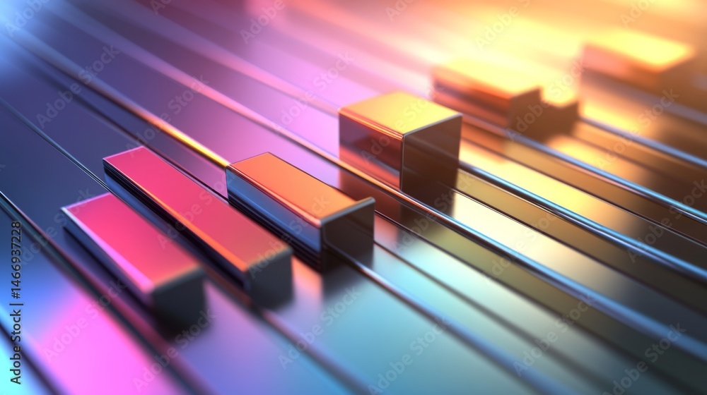 Poster a close-up view of a d bar graph, featuring shiny metallic bars with reflections, set against a grad
