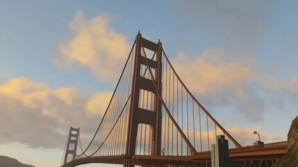 Obraz premium The iconic Golden Gate Bridge enveloped in morning clouds, with its upper towers glowing in sunrise tones of gold, pink, and orange. 