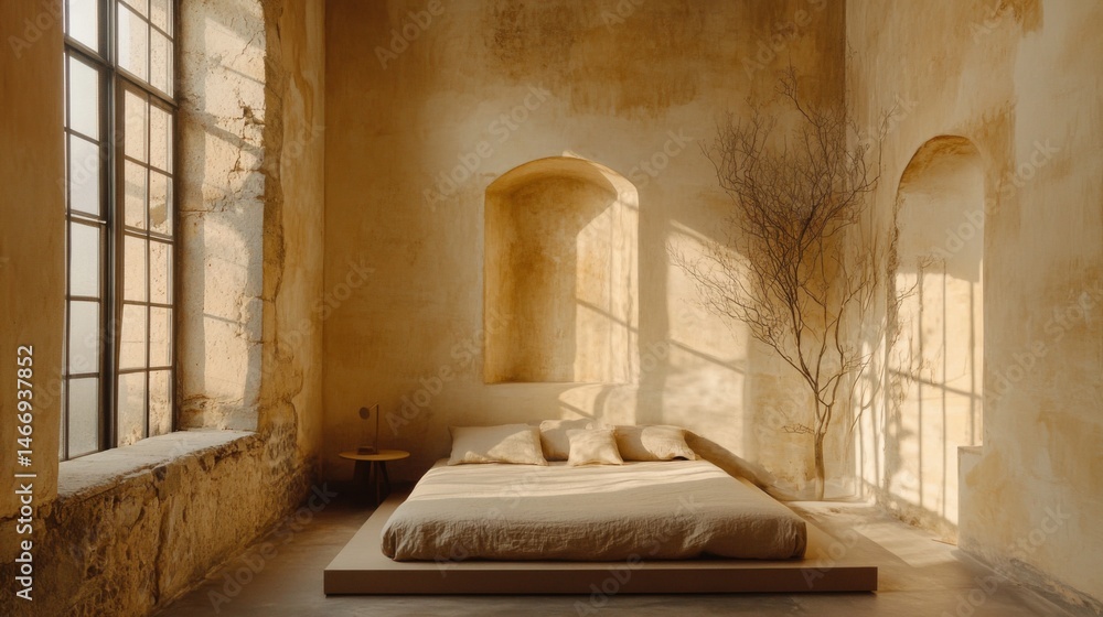 Poster a cozy minimalist bedroom with a low-profile bed, soft bedding, and simple decor, emphasizing tranqu