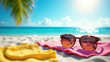 Bright sun shines on colorful beach towels and sunglasses , accessories, blue
