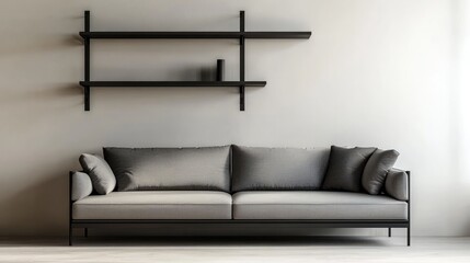 Minimalist gray sofa, wall shelves, bright room