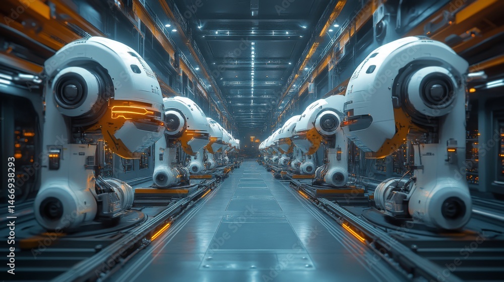 Poster Robotic arms are actively working on an automated assembly line within a highly advanced manufacturing facility. The interior showcases a futuristic design emphasizing efficiency and technology.