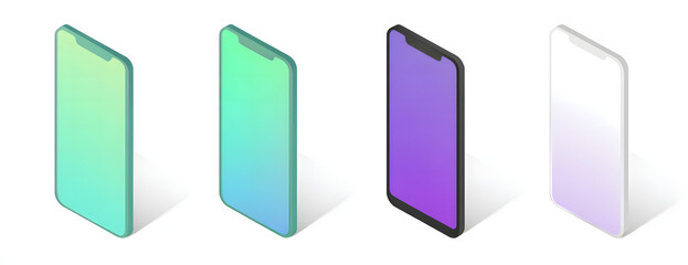 Different smartphone designs showcasing various styles, colors, and finishes in a technology display setting
