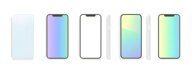 Different smartphone designs showcasing various styles, colors, and finishes in a technology display setting