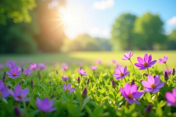 Fototapeta premium Vibrant purple wildflowers in a sun-drenched meadow , outdoor, detail