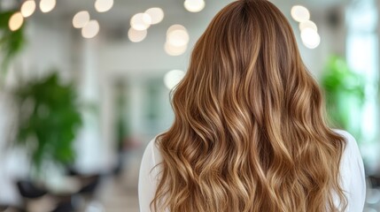 A close-up view of a woman’s long wavy hair captured in a bright, airy atmosphere creates a calm and inviting ambiance that exudes natural beauty and serene vibes.