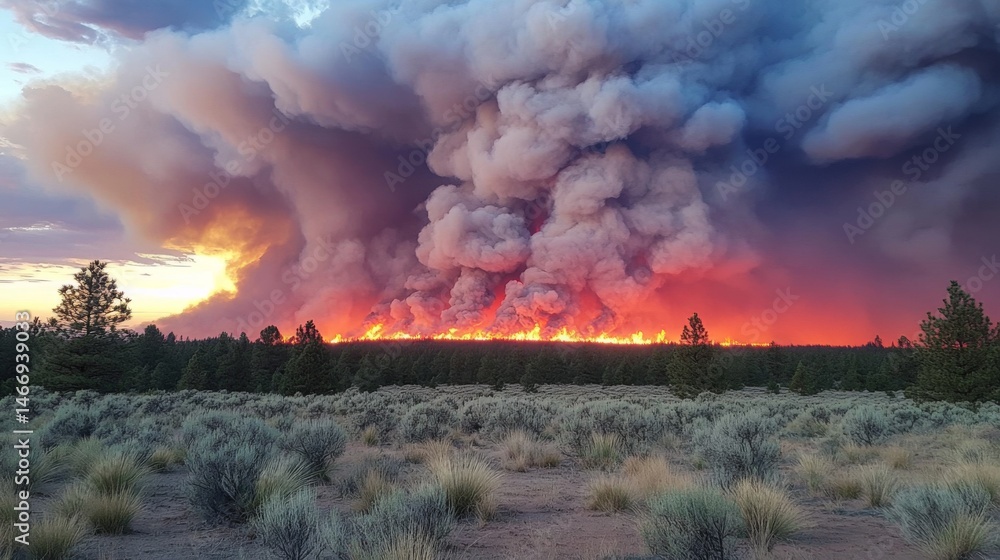 Poster a dramatic sunset obscured by smoke from a distant wildfire, with layers of haze and fiery hues, cre