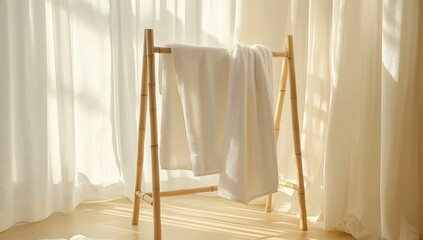 Sunlit white towels drying on a bamboo rack