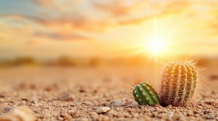 Two charming cacti are beautifully illuminated by the setting sun in a vast desert landscape, capturing a moment of resilience and harmony in nature's vibrant color palette.