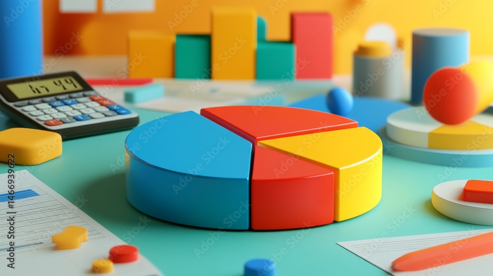 Poster a flat lay of a d pie chart with dynamic colors, arranged with data sheets and a calculator in the b