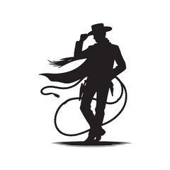 Vintage Cowboy Throwing Lasso Vector Silhouette, Western Rodeo, Lasso Action, Cowboy Stunt, Old West, Rodeo Rider, Wild West
