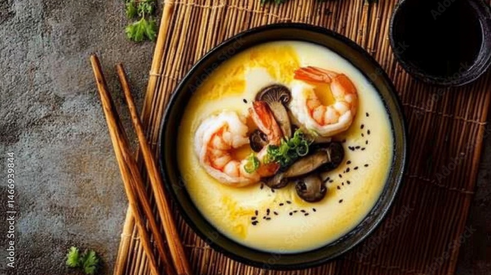 Poster a flat lay of a bowl of silky steamed egg garnished with shrimp and mushrooms, served on a bamboo ma