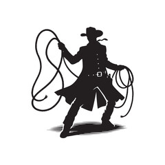 Vintage Cowboy Throwing Lasso Vector Silhouette, Western Rodeo, Lasso Action, Cowboy Stunt, Old West, Rodeo Rider, Wild West
