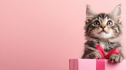 An adorable kitten peeking over a pink gift box, set against a soft pink background, capturing the essence of playfulness and charm in a delightful scene.
