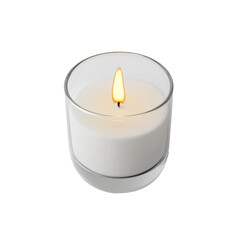 Elegant White Candle with Warm Flame in Clear Glass Holder for Relaxing Ambiance on transparent background
