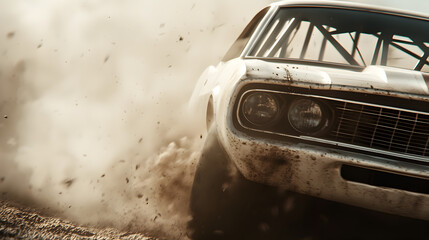Muscle Car Dust Cloud: A classic muscle car roars through a dirt track, kicking up a cloud of dust and showcasing its raw power and adrenaline rush.  The image captures the intense.