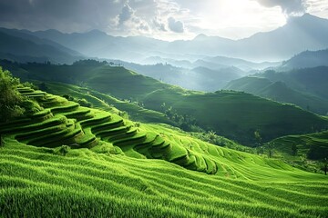 Stunning rice terraces cascade down the slopes of mu cang chai, creating a mesmerizing landscape of vibrant green under the dramatic sky in vietnam