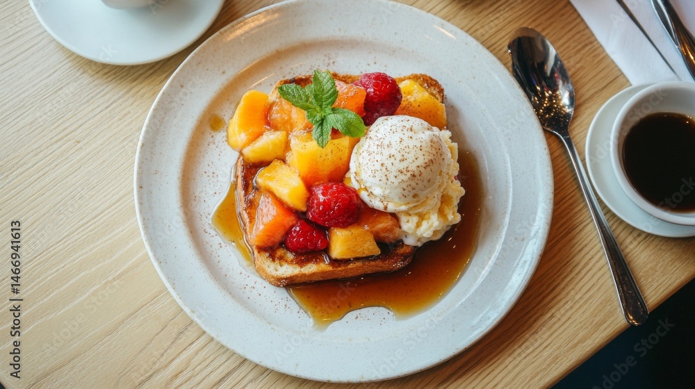 Poster a flat lay of honey toast with a rich golden crust, topped with fresh fruits and ice cream, arranged