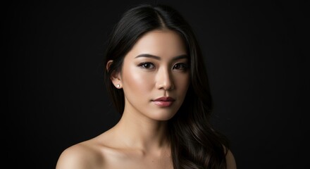 Portrait of an asian woman with dark hair and fair skin against a dark background looking at the viewer